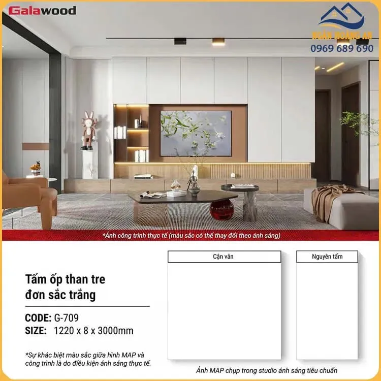 Tấm Ốp Tường Sợi Than Tre Galawood 8mm G-709 Đơn Sắc Trắng
